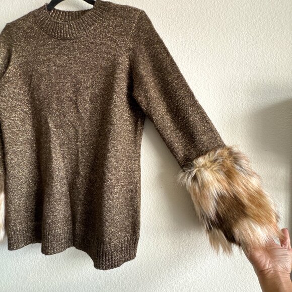Boston Proper Faux Fur Cuff Metallic Sweater Brown Size S - Picture 3 of 7